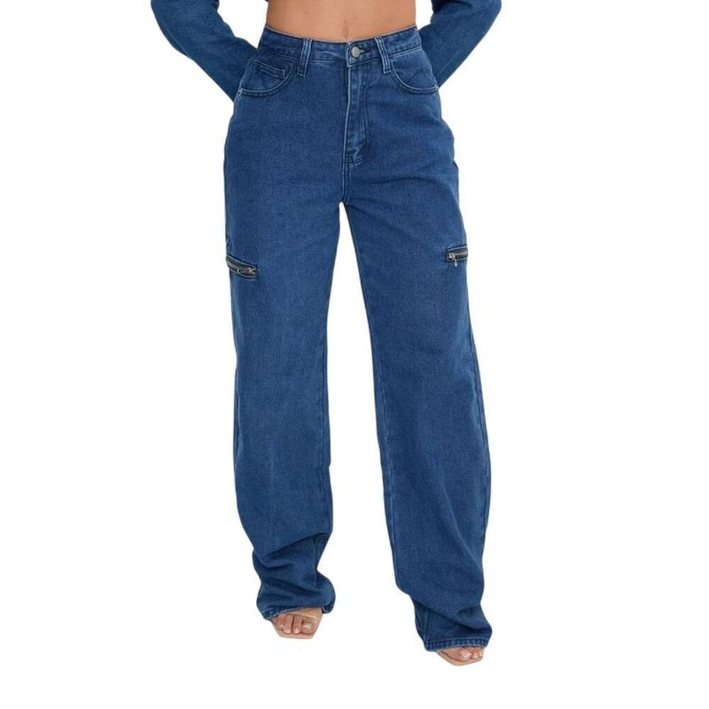 I Saw It First Womens/Ladies Denim Zip Wide Leg Jeans / Mid Blue